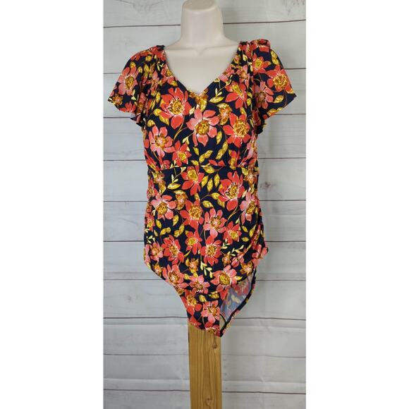14 NAVY FLORAL A473543 Denim & Co. Beach V-Neck Ruffle Sleeve One-Piece Swimsuit - Picture 2 of 2